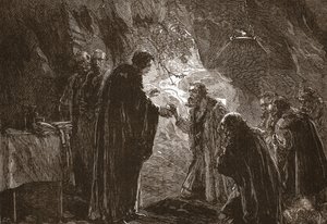 Celebration of the Lords Supper av Calvin og hans andre protestanter i grotten ved Poictiers, illustrasjon fra The History of Protestantism av James Aitken Wylie (1808-1890), pub. 1878 av English School