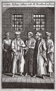 Enkelte biskoper snakker med Bradford i fengselet, illustrasjon fra Foxes Martyrs ca. 1703 av English School