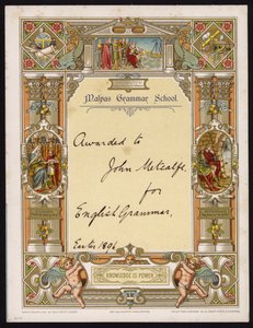 Sertifikat for engelsk grammatikk tildelt en elev ved Malpas Grammar School, Cheshire av English School