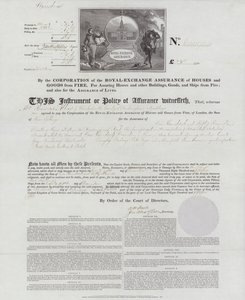 Sertifikat for brannforsikring utstedt av Royal Exchange Assurance Corporation for et hus i Wilmslow, Buckinghamshire av English School