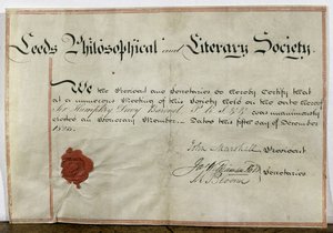 Attest for æresmedlemskap for Sir Humphry Davy (1778-1829) til Leeds Philosophical and Literary Society, 5. desember 1823 av English School