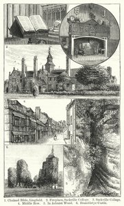 lenket bibel, Lingfield; Peis, Sackville College; Sackville College; midtre rad; I Ashurst Wood; Brambletye Castle (gravering) av English School