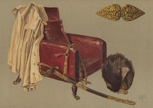Stol og kappe til feltmarskalk hertugen av Wellington, med bjørneskinn og sverd til Grenadier Guards (chromolitho) av English School