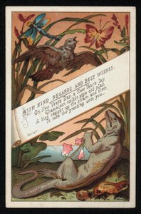 Kameleon med vers og en fugl, nyttårskort. (chromolitho) av English School