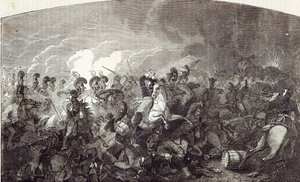 Anklagen for Lord Somersets Heavy Brigade ved Waterloo, og den franske hæren totalt forkastet, illustrasjon fra 