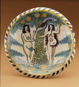 Lader med den bibelske historien om Adam og Eva i Edens hage, ca. 1680 (tinnglasert keramikk) av English School