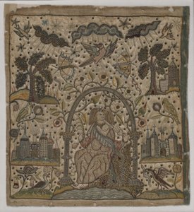 Veldedighet under en bue, ca. 1640 (silke, metalltråder og spangles på sateng) av English School