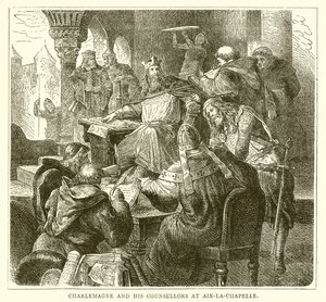 Charlemagne og hans rådgivere i Aix-la-Chapelle av English School