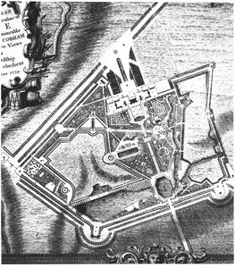 Charles Bridgemans (fl.1713-38) plan for Stowe Gardens, fra en bok om utsikt over Stowe utgitt av fru Charles Bridgeman i 1739 (se 140583 for William Kents senere plan) av English School