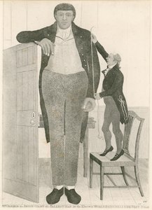 Charles Byrne, alias OBrien the Irish Giant, den høyeste mannen i den kjente verden er nesten ni fot høy av English School