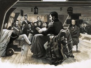 Charles Darwin seiler mot Galapagosøyene av English School