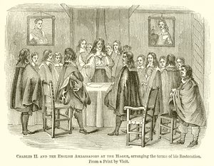 Charles II og de engelske ambassadørene i Haag, og ordnet vilkårene for hans restaurering av English School