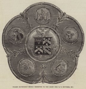 Chased Silver-Gilt Shield presentert til høyre ærede E P Bouverie, MP (gravering) av English School