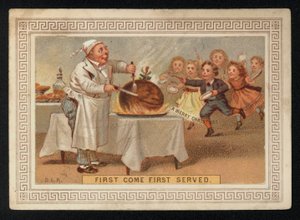 Kokken skjærer opp en plommepudding, julehilsenskort. (chromolitho) av English School