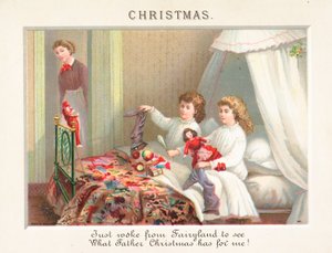 Barn som tømmer strømper på julemorgen, julekort av English School