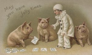 Barn i en Pierrot-kostyme med tre griser, julekort (chromolitho) av English School