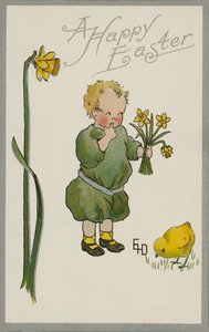 Barn som plukker påskeliljer (fargelitografi) av English School