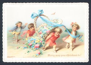 Barn og kjeruber trekker kurv med blomster, julekort av English School