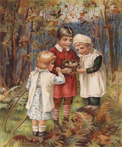 Barn som finner et fuglerede (chromolitho) av English School