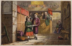 Barn i en kirke (farget gravering) av English School