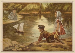 Barn lanserer en modellyacht (farge litho) av English School