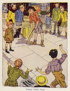 Barn som spiller cricket på gaten (farge litho) av English School