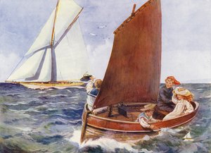 Barn som seiler og ser på en forbipasserende yacht (farge litho) av English School