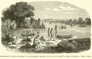 Chippeway-indianere som fisker i bjørkebark-kanoer, Sault de St Marys, Lake Superior av English School