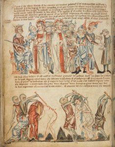 Kristus før Herodes og før Pilatus; Herodes vasker hendene sine; Kristi flagellasjon, Add. 47682, f.30v, ca. 1320-30 (vellum) av English School