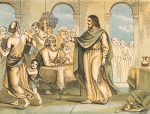 Kristus renser tempelet (farget gravering) av English School