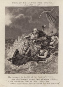 Kristus stiller stormen, Matteus VIII, ver 26 (gravering) av English School