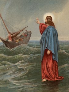 Kristus går på havet, St John, VI, 20 (farge litho) av English School