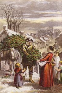 Juletid - salg av kristtorn i en landsby dekket av snø (farget gravering) av English School