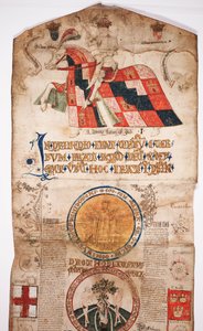 Chronicle of the History of the World from Creation to Woden, med en genealogi av Edward IV (Edward IV Roll), begynnelsesseksjon med et portrett av Edward IV på hesteryggen, en rundell med Gud og en annen av English School