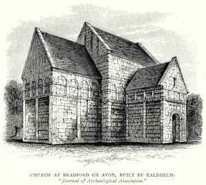Kirken i Bradford on Avon, bygget av Ealdhelm (gravering) av English School