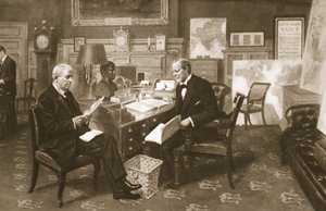 Churchill og Fisher på jobb: First Lord på rommet sitt på Admiralty with the First Sea Lord, fra The Illustrated War News, 1915 av English School