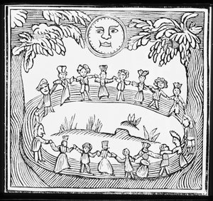 Circle of Witches Dancing Beneath a Full Moon, illustrasjon fra en samling kapittelbøker om esoterica av English School