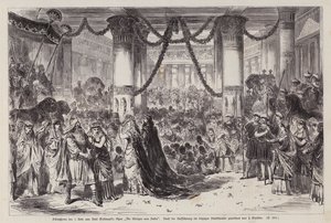 Avslutningsscene av akt I av Karl Goldmarks opera Die Konigin von Saba (Dronningen av Saba), fremført på Leipziger Stadttheater, Tyskland (gravering) av English School