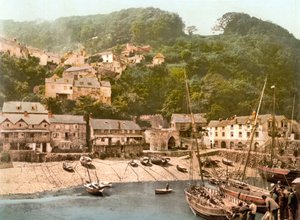 Clovelly Harbor (håndfarget bilde) av English School