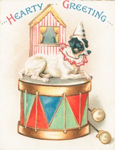 Klovnehund på leketromme, julekort av English School