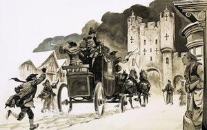 Trener på vei inn i en by av English School