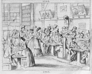 Coffee Room i 1863, fra London Coffee-Houses Past and Present (fargegravering) av English School