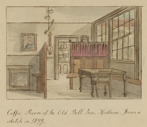 Kafferom til Old Bell Inn, Holborn, London, fra en skisse i 1899 (wc på papir) av English School