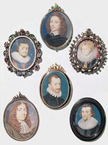 Samling av miniatyrer, LtoR, øverste rad: Frederich V (1596-1632) Kurfyrst Pfalz, konge av Böhmen av English School