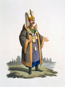 Janitsjarnes oberst med juveler og dolker, 1818 (farget akvatint) av English School