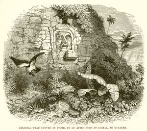 Kolossalt hode hugget i stein, i en aztekisk ruin ved Izamal, i Yucatan av English School