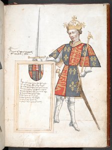 Fargetegning av en engelsk konge i rustning og tabard (Henry VI), som presenterer en plakett med vers, illustrasjon fra 