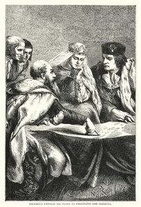 Columbus utfolder planene sine til Ferdinand og Isabella (farget gravering) av English School