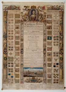 Minnekart som viser standarder fanget fra franskmennene etter slaget ved Blenheim, ca. 1704 (farget linjegravering) av English School