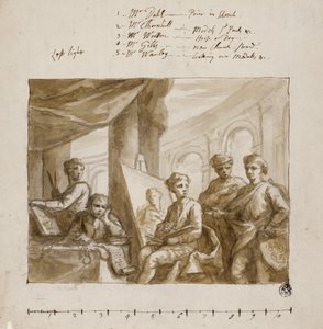 Company of Painters, ca. 1719 (pensel og brun vask, over grafitt, på elfenbensfarget papir) av English School
